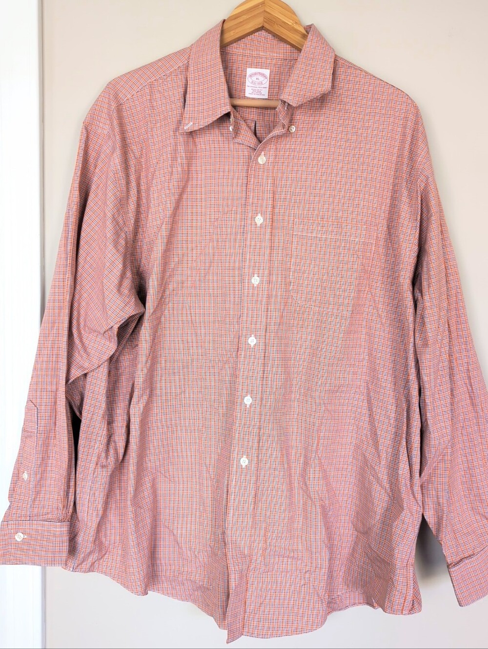 Brooks Brothers Men's Button Down Shirt Size XL Orange White Plaid Business Work